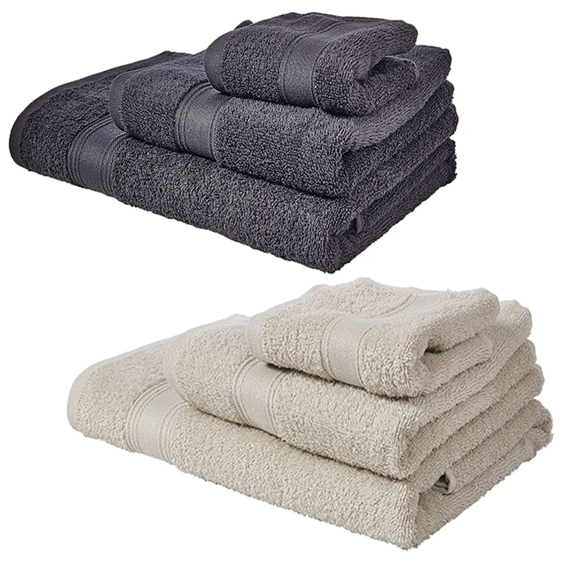 Set of 6 Bath Towels: Beige and Grey: Courtesy Towels 30 x 50 cm; Basin 50 x 90 cm; Shower 70 x 140 cm; 450 g/m² 100% Cotton