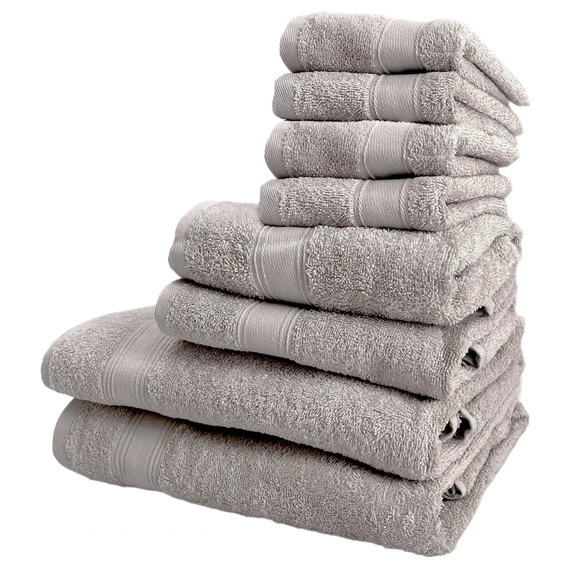 WELL HOME MOBILIARIO & DECORACIÓN Set of 8 Bath Towels: 4 Courtesy Towels 30 x 50 cm; 2 Basin Towels 50 x 90 cm; 2 Shower Towels 70 x 140 cm 450 g/m2 100% Taupe Cotton