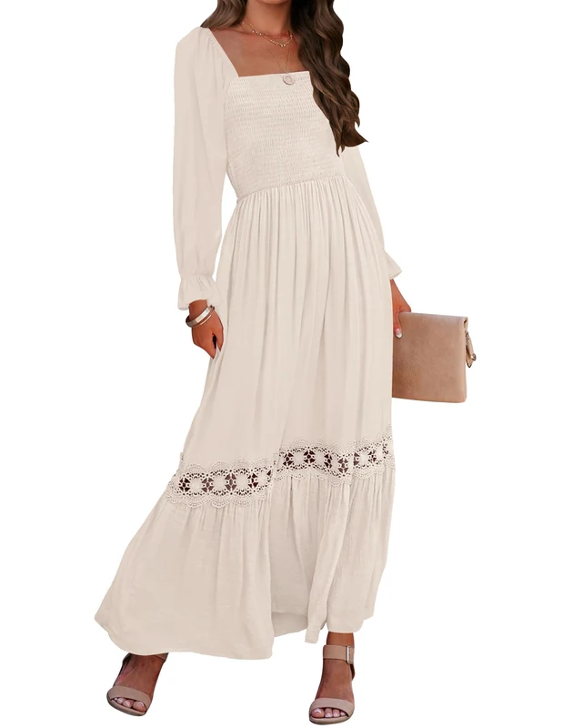ZESICA Women's Boho Long Sleeve Square Neck Smocked High Waist Flowy A Line Lace Trim Maxi Dress, Apricot, Medium