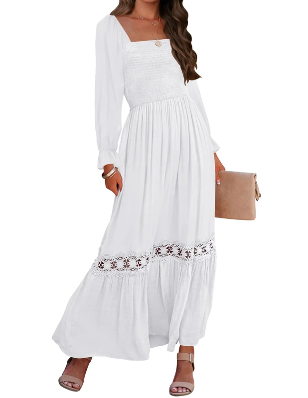 ZESICA Women's Boho Long Sleeve Square Neck Smocked High Waist Flowy A Line Lace Trim Maxi Dress, White, Small