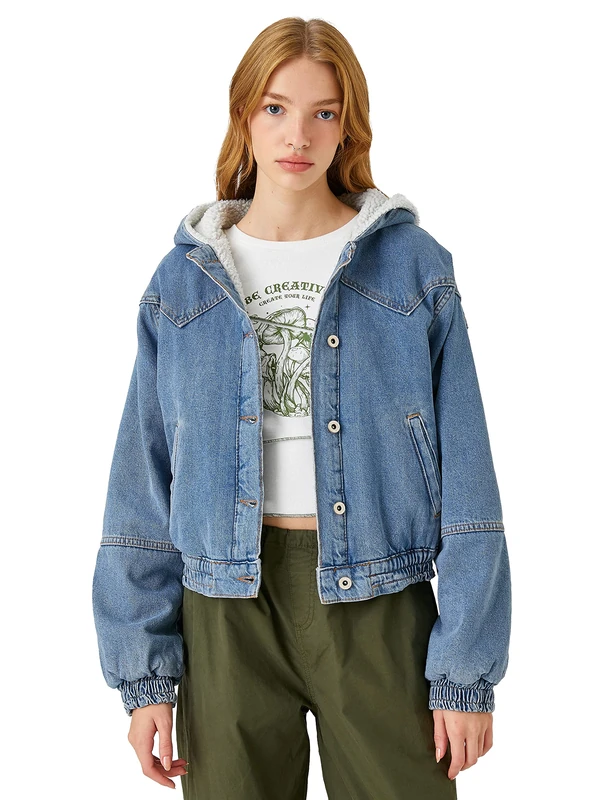 Koton Women's jeans jacket, hooded teddy detail, Light Indigo (LGT)
