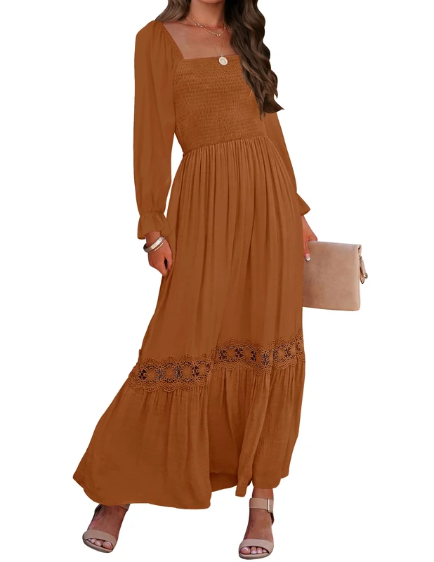 ZESICA Women's Maxi Dress 2023 Boho Long Sleeve Square Neck Smocked High Waist Flowy A-Line Lace Trim Maxi Dress, Brown, S