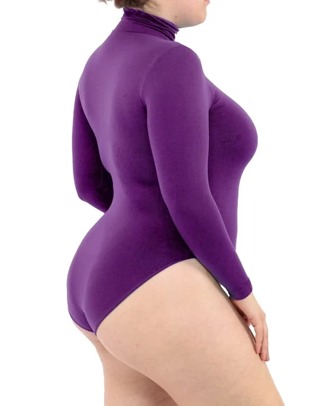 LEELA LAB Plus Size Turtleneck Bodysuit with Long Sleeves, Women's High-Neck Body in Seamless Microfibre - Made in Italy (Violet, LXL)