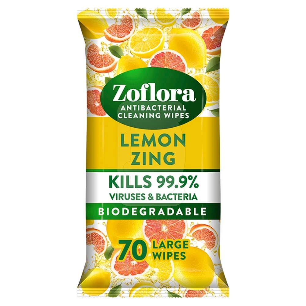Zoflora Antibacterial Multi-Surface Cleaning Wipes Lemon Zing 70 Large Wipes, White
