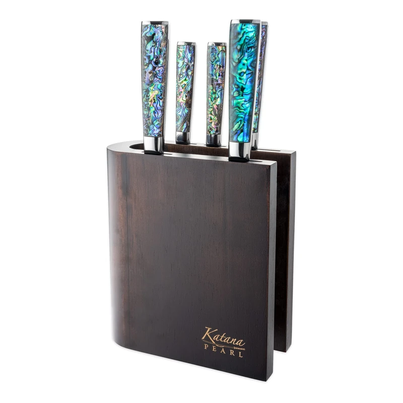 Katana Saya Pearl 6 Piece Knife Block Set, Chef's, Carving, Bread, Utility and Paring Knives, Hardwood Block, Japanese VG-10 Damascus Stainless Steel, Acrylic Handle with Abalone Pattern