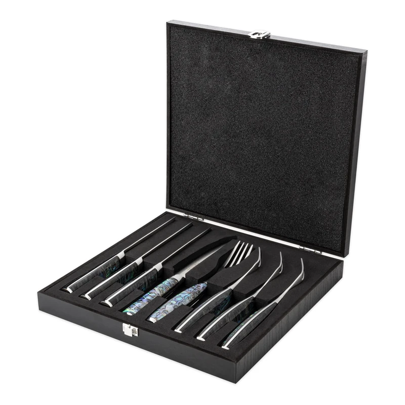 Katana Saya Pearl 8 Piece Steak Knife and Fork Set, 4X Steak Knives and 4X Forks, Japanese 67-Layer VG-10 Damascus Stainless Steel, Acrylic Handle with Abalone Pattern, Kitchen Knife