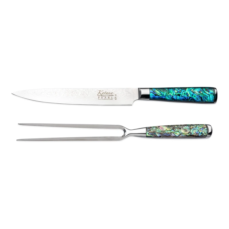 Katana Saya Pearl Carving Knife and Fork Set - High Carbon VG-10 Damascus Steel for Extreme Toughness & Sharpness – Acrylic Handle with Abalone Pattern