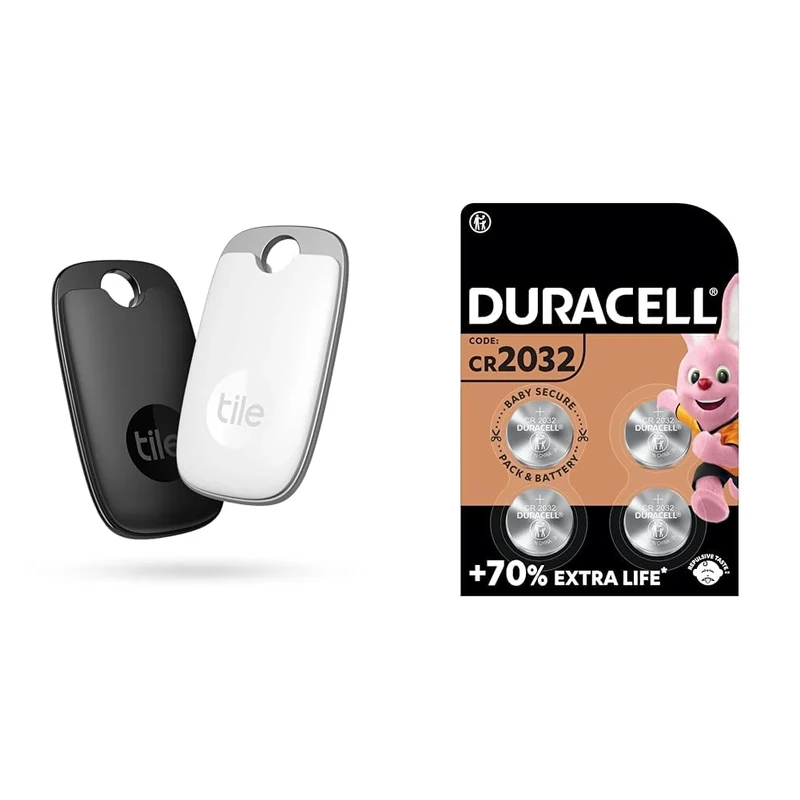 Tile Pro Bluetooth Item Finder, 2 Pack, 120m finding range, works with Alexa and Google Smart Home & DURACELL 2032 Lithium Coin Batteries 3V - Up to 70% Extra Life - Baby Secure Technology