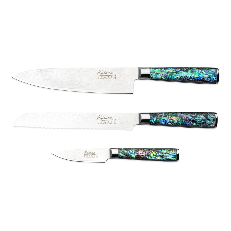 Katana Saya Pearl 3 Piece Kitchen Knife Set, 20cm Chef's, 20cm Bread and 12cm Paring Knives Japanese 67-Layer VG-10 Damascus Stainless Steel, Acrylic Handle with Abalone Pattern, Kitchen Knife