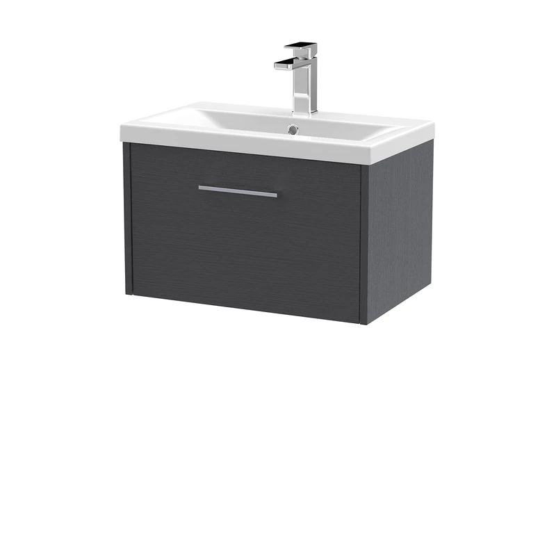 Hudson Reed JNU2222A Juno Modern Bathroom Wall Hung Single Drawer Vanity with Mid-Edge Ceramic Basin, 600mm, Woodgrain Graphite Grey