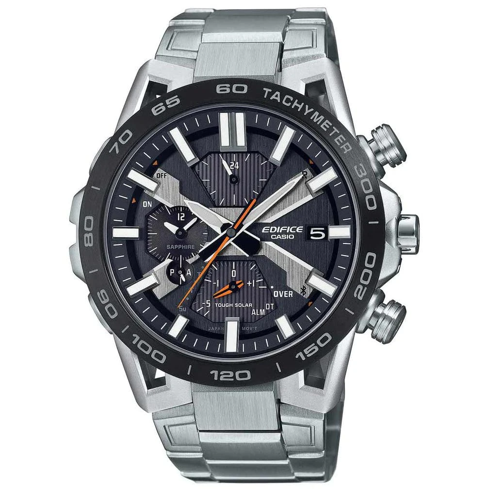 Casio Gents 55.60mm Solar Watch with Black Analogue dial and Silver Metal Bracelet Strap EQB-2000DB-1AER