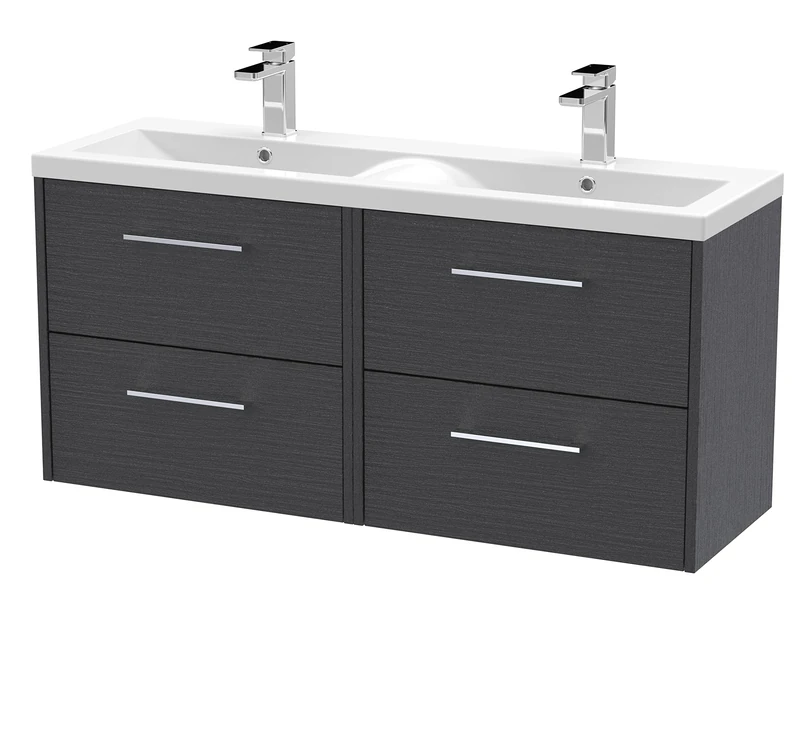 Hudson Reed JNU2224F Juno Modern Bathroom Wall Hung 4-Drawer Vanity with Ceramic Double Basin, 1200mm, Woodgrain Graphite Grey