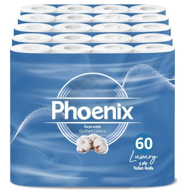 Phoenix Toilet Rolls – 60 Pack | 3 Ply Supreme Unscented Toilet Paper | Bulk Buy, Soft, Quilted, Sustainably Sourced, Eco- Friendly Luxury Bathroom Tissue