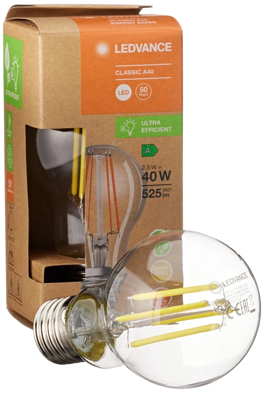 LEDVANCE LED Energy Saving lamp, Glass Filament Bulb, E27, Warm White (3000K), 2.5 watts, Replaces 40W Bulb, Highly efficient and Energy-Saving, Pack of 6