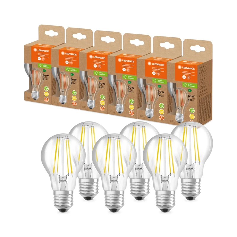 LEDVANCE LED Energy Saving lamp, Glass Filament Bulb, E27, Warm White (3000K), 4 watts, Replaces 60W Bulb, Highly efficient and Energy-Saving, Pack of 6