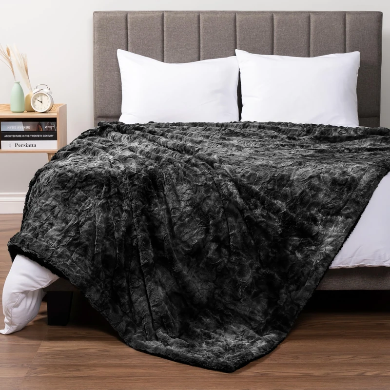 Pavilia Faux Fur King Bed Blanket - Tie-Dye Black, Soft Fuzzy Warm Sherpa, Fluffy Plush Thick Fleece for Couch Sofa, Reversible Furry Shaggy Large, 90x108
