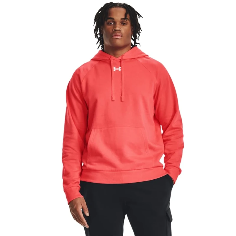 Under Armour Rival Fleece Hoodie Men's Opaque Hooded Sweatshirt, (690) Venom Red/White, S