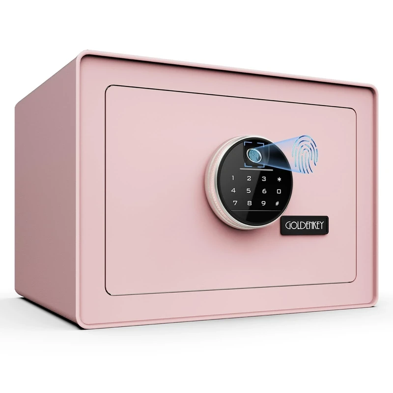 GOLDENKEY Digital Security Safe and Lock Box,Small Safe box for Money, Fingerprint Lock,Perfect for Home Office Hotel Business Jewelry Gun Use Storage,0.5 Cubic Feet,Pink