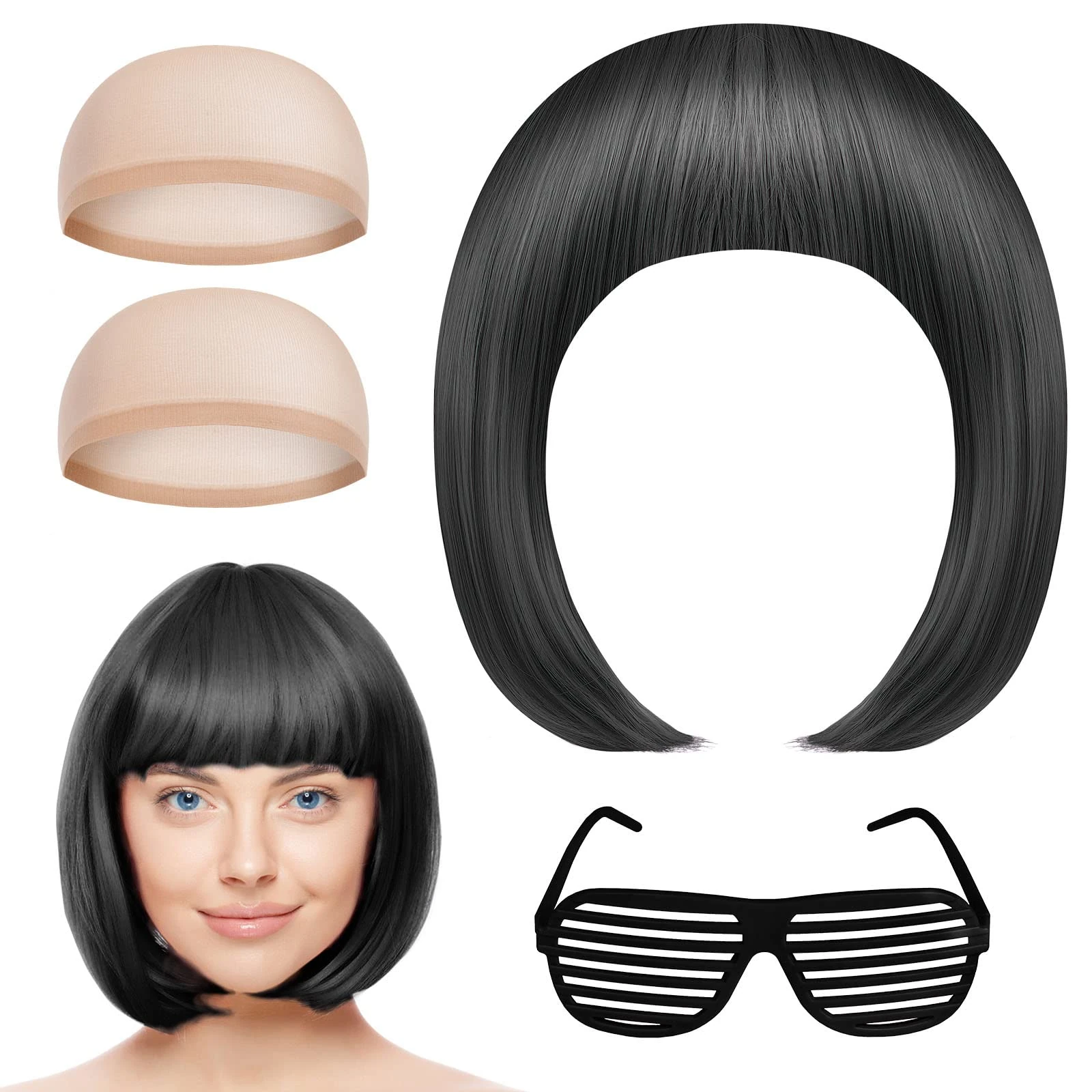 AOMIG Short Bob Wigs, 4 Pack Set with Sunglass & Wig Cap, Neon Cosplay Party Wigs, Synthetic Straight for Daily & Holiday Decorations