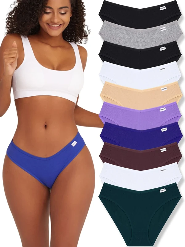 FINETOO 10 Pack Womens Underwear Cotton Cute Low Rise Bikini Rib Cheeky Panties Sexy V-shaped waistband Hipster S-XL, Color B, XL-XXL