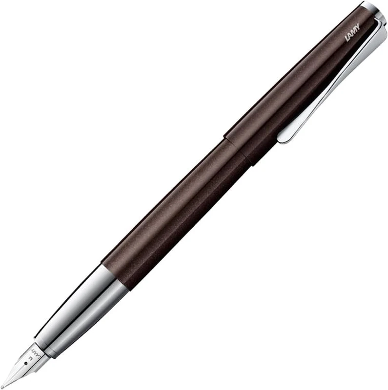 LAMY Studio Dark Brown Fountain Pen - Universal Fountain Pen in Elegant All-Metal Housing - 14 Carat Gold Nib, Partially Platinum Plated & in Line Width F - Includes Lamy T 10 Ink Cartridge Blue