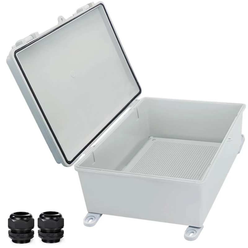 YETLEBOX Waterproof Electrical Box with Mounting Plate 390x290x160mm, IP67 Junction Box Hinged Grey Cover ABS Project Boxes for Electronics DIY Enclosure with Wall Bracket and 2 Glands