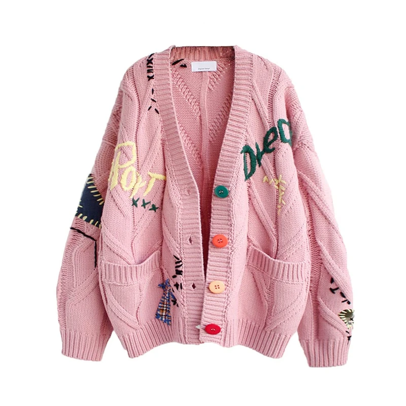 Women’s Cardigan, Long-Sleeved, Ribbed Knit, Open Front, V Neck, Buttons and Embroidery, Wool Blend, Pink, XXL