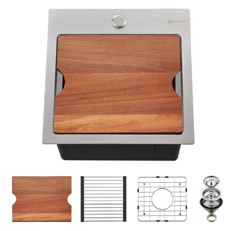 EcoChannels Kitchen Sink, 15 x 15 x 10 inch Small Bar Prep Sink 16 Gauge Stainless Steel Drop Single Bowl Workstation with Cutting Board
