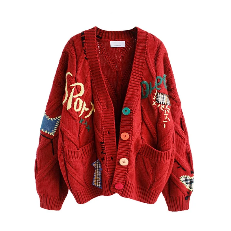 Women's Cable Knit Long Sleeve Open Front Cardigan Sheep V-Neck Button Down Embroidery Wool Blend Sweater Coat Outwear, Red, XXL