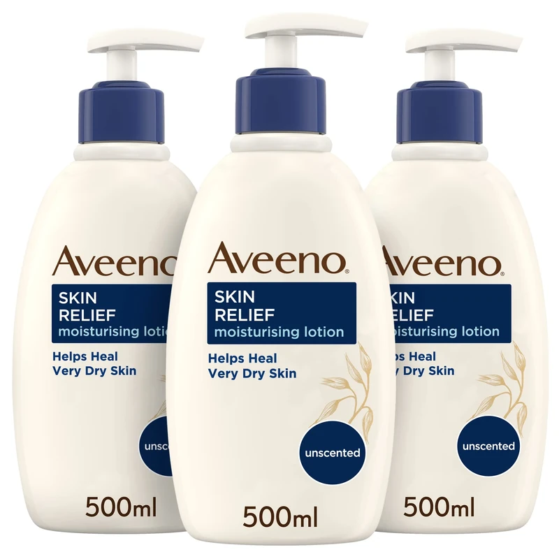 Aveeno Skin Relief Moisturising Lotion Bundle (3x 500ml), Nourishing Body Lotion for Relief from Very Dry, Tight Skin, Body Moisturiser Enriched with Prebiotic Triple Oat Complex and Shea Butter