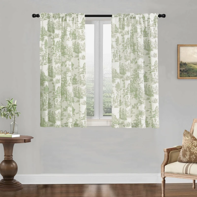 Sage Green Curtains for Kitchen Bathroom Window,Set of 2 Pack Small Short Spring Time Color Rod Pocket Toile Floral Cottagecore Whimsical Curtains for Bedroom,48 Inch Length,Light Green and White
