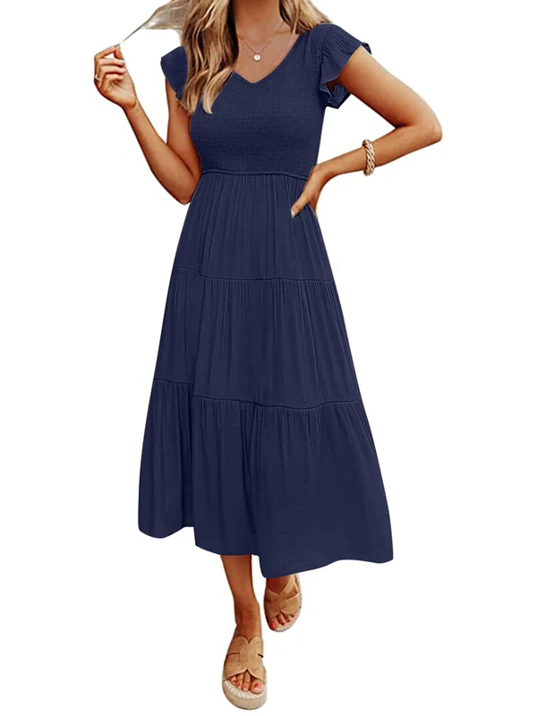 Merokeety Women's Flutter Sleeve Smocked Midi Dress V Neck Casual Tiered Dresses with Pockets, Navy, L