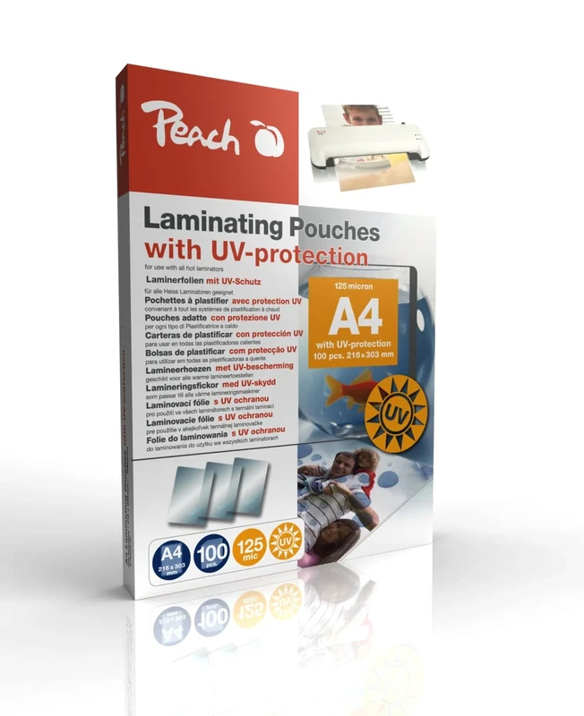 Peach S-PP525-25 Laminating Pouches A4 125 mic 100 Pouches with UV Filter for Permanent Light Protection Especially Suitable for Photos Compatible with Laminators of All Brand Manufacturers