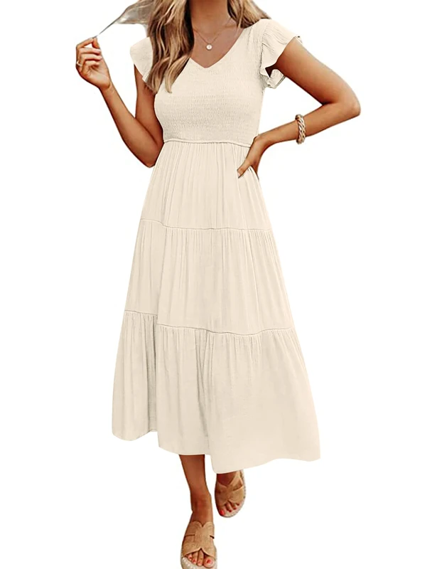 Merokeety Women's Flutter Sleeve Smocked Midi Dress V Neck Casual Tiered Dresses with Pockets, Beige, XL