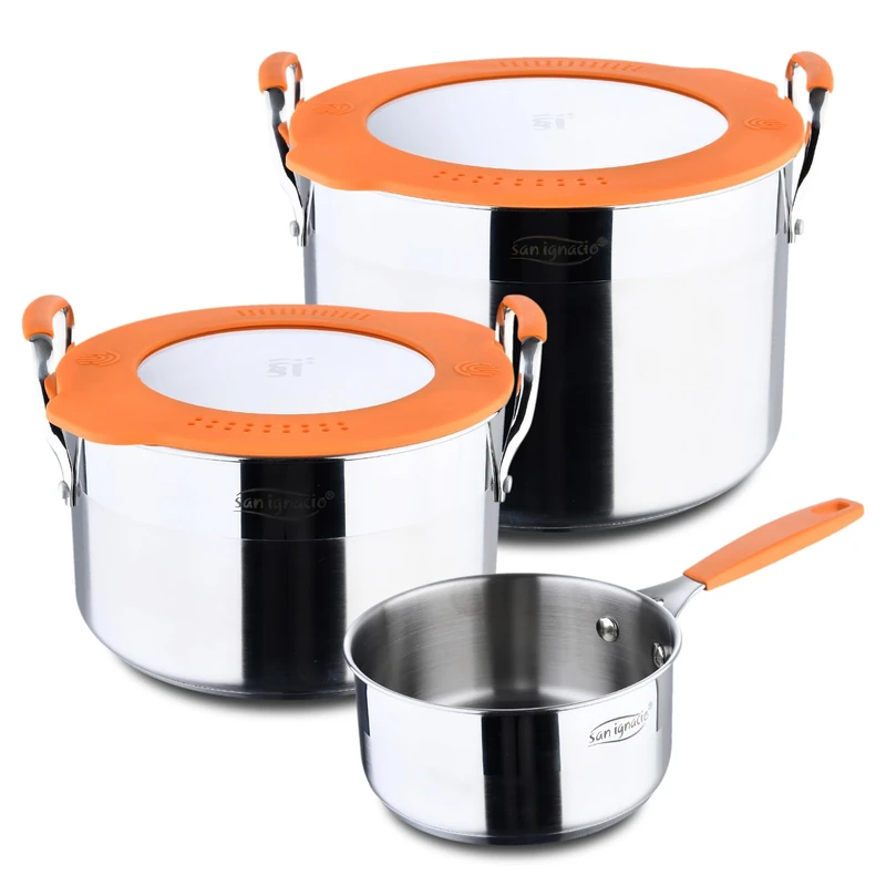 SAN IGNACIO Compact Stainless Steel Pot Set, 5 Pieces, Contains 2 Pots with 20 and 24 cm and 1 Saucepan with 16 cm, Cooking Pot Set, for All Hob Types