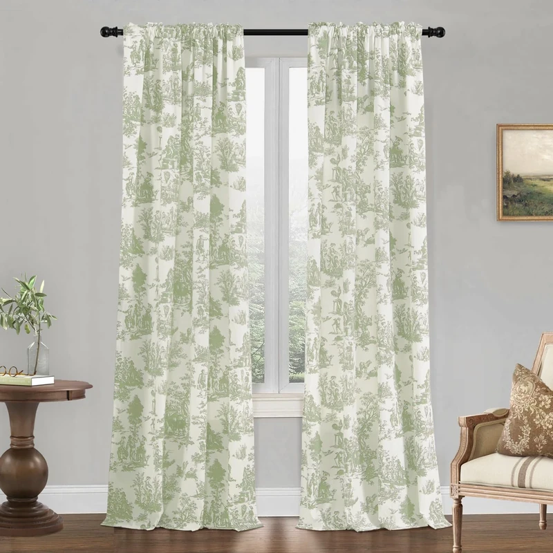 XTMYI Sage Green Curtains for Living Room 2 Panels Set Spring Country Scenic Design Toile Floral Print Pattern Darkening Light Filtering Window Drapes for Bedroom Dining Room, 40x84