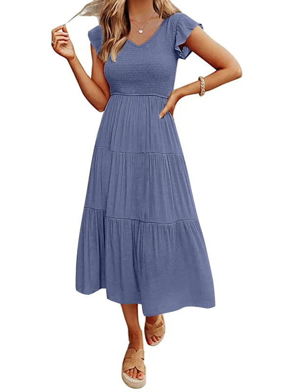 MEROKEETY Women's Flutter Sleeve Smocked Midi Dress V Neck Casual Tiered Dresses with Pockets, Dusty Blue, L