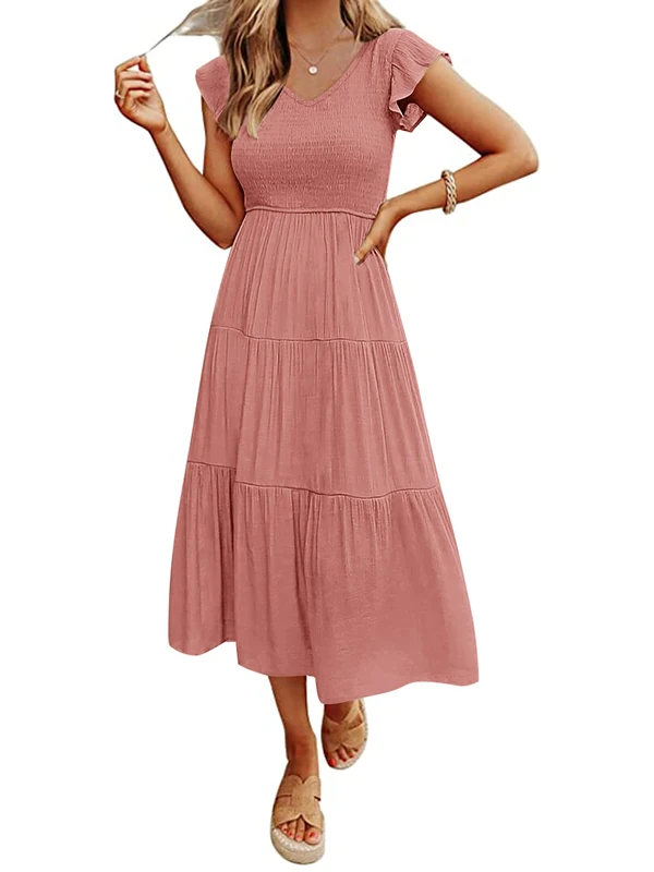 Merokeety Women's Flutter Sleeve Smocked Midi Dress V Neck Casual Tiered Dresses with Pockets, Dusty Pink, M