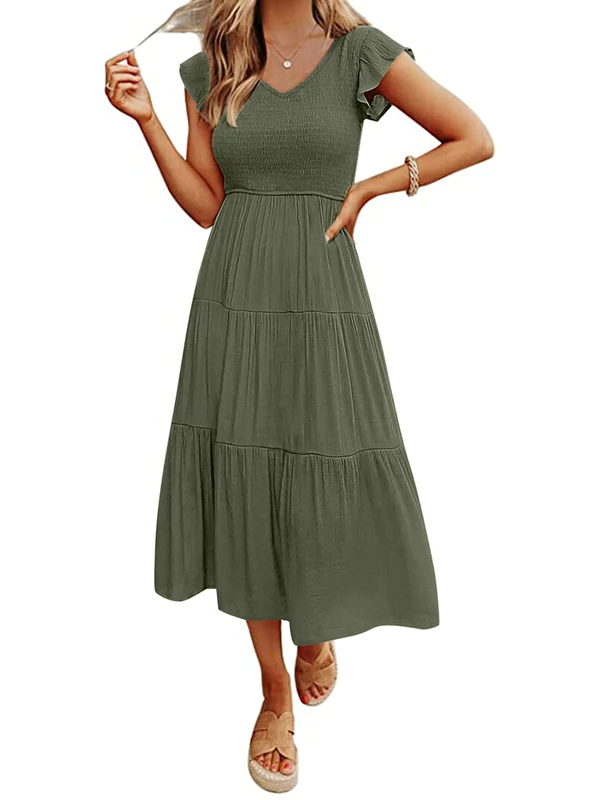 Merokeety Women's Flutter Sleeve Smocked Midi Dress V Neck Casual Tiered Dresses with Pockets, Army Green, S