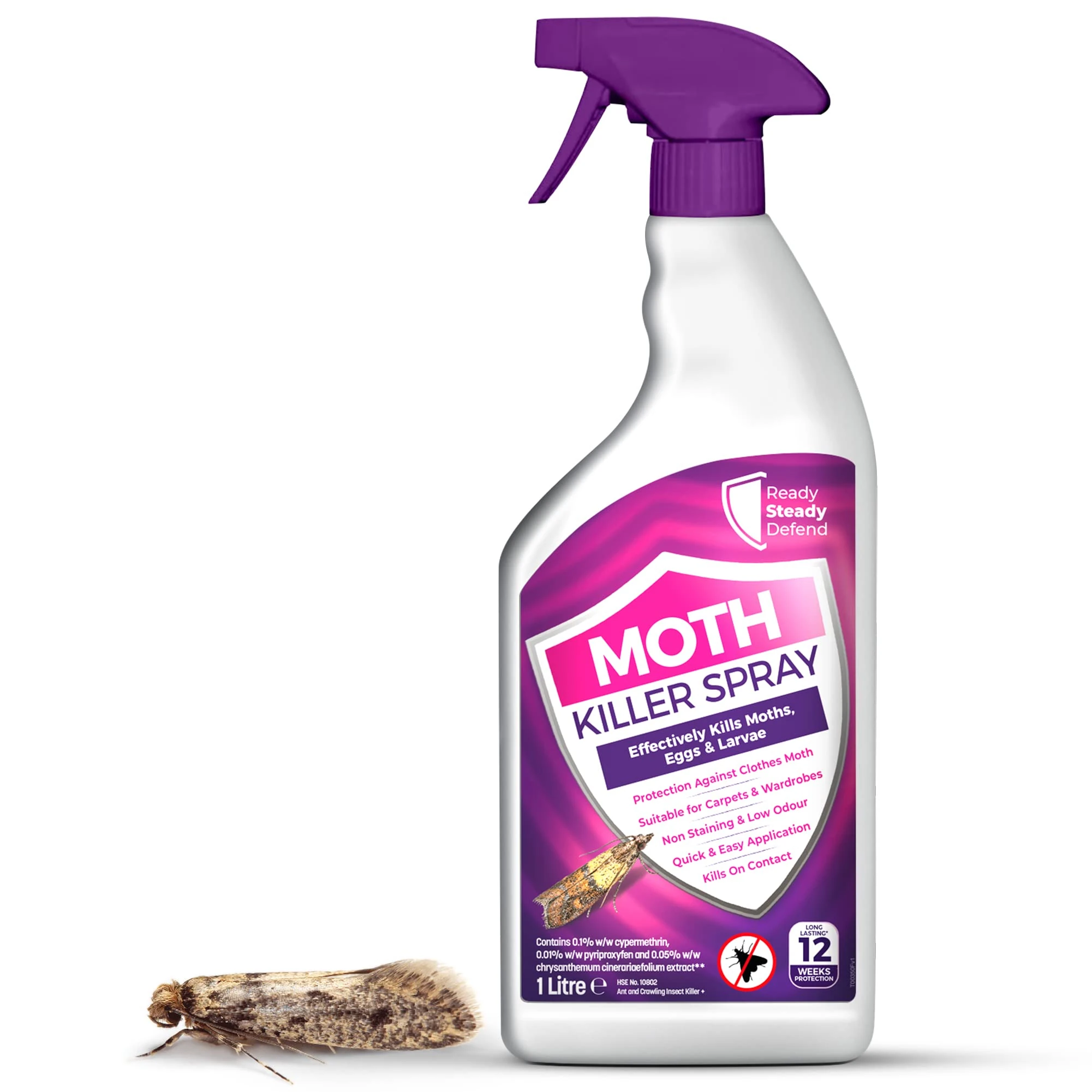 Moth Killer Spray | 1 Litre | Effective Moth Repellent for Carpets, Clothes, Wardrobes & More | Low Odour & Non-Staining Formula | Kills Moths on Contact | Protects Against Infestations | Easy to Use