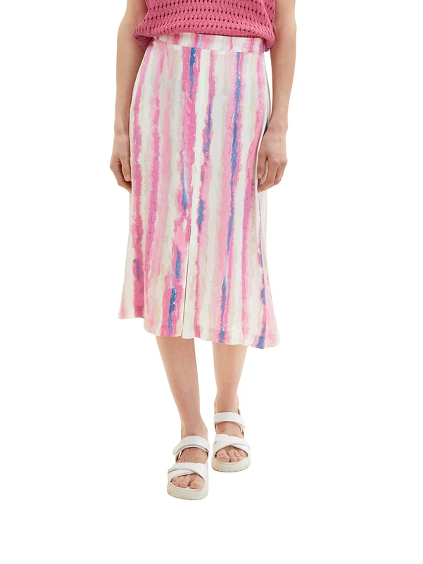 TOM TAILOR Women's 1036675 Satin Skirt with Slit and Pattern, 31722-Pink Tie Dye Stripe, 8