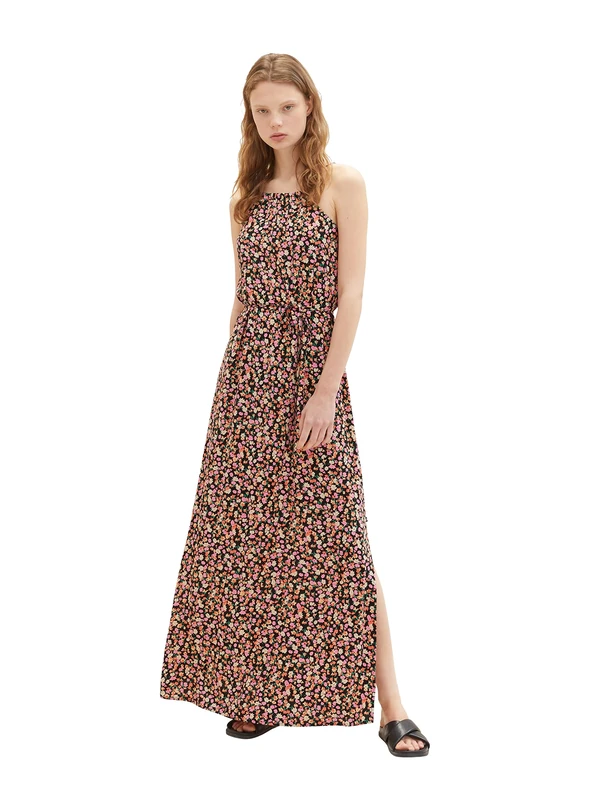 TOM TAILOR Denim Women's Maxi Dress with Tie Belt, 31952 - Black Flower Print, L
