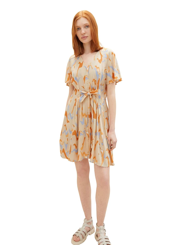 TOM TAILOR Denim Women's 1036602 Cap Sleeve Dress & Tie Belt, 31705-Abstract Neutral Print, L