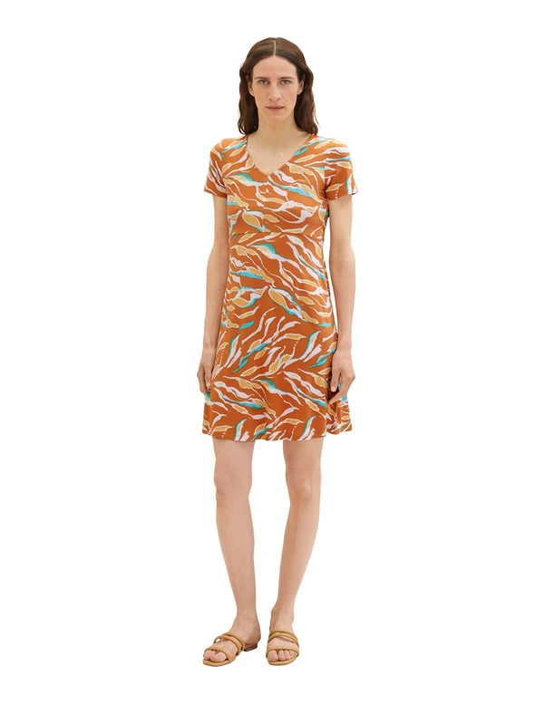 TOM TAILOR Ladies Dress 1035234, 31758 - Brown Abstract Leaf Design, 32 - Image 1