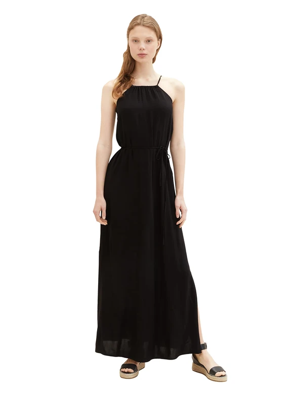 TOM TAILOR Denim Women's 1036843 Maxi Dress with tie Belt, 14482-Deep Black, XS