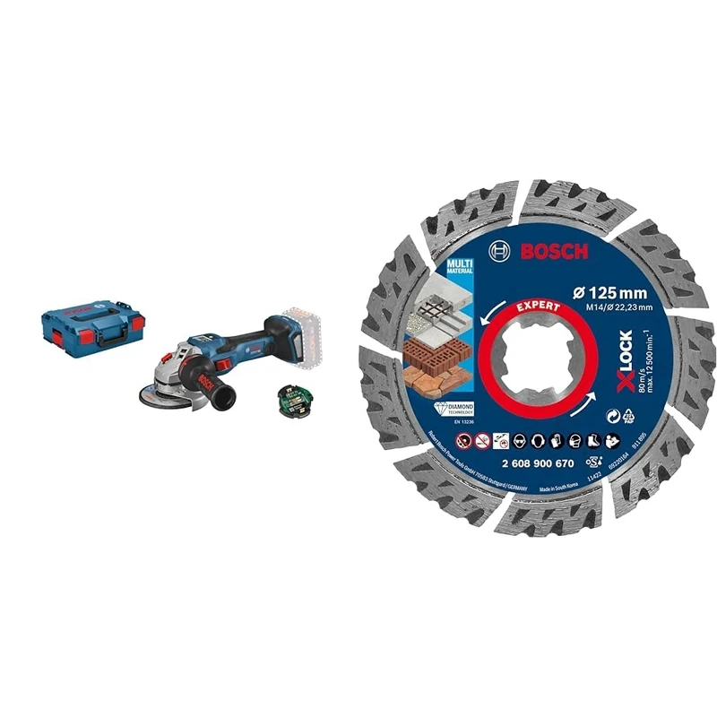 Bosch Professional BITURBO GWS 18V-15 SC Cordless Angle Grinder (with connectivity Module, excl. Rechargeable Batteries) + 1x Expert MultiMaterial X-Lock Diamond Cutting Disc (Concrete, Ø 125 mm)