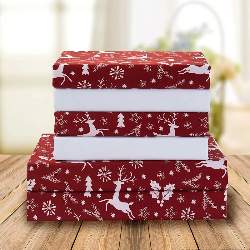 Elegant Comfort Holiday Printed 4-Piece Sheet Set, 1500 Thread Count, Breathable and Super Soft Material, Wrinkle Resistant, Fitted Sheets with Smart Pockets, 4PC Twin XL, Burgundy Reindeer