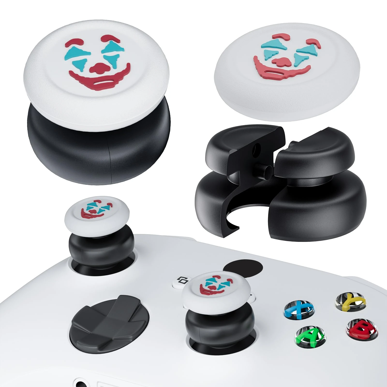 PlayRealm NO FALLING OFF Thumbstick Extender & Silicone Grip Cover 2 Sets for Xbox Series X/S & Xbox One S/X Controller(Joker White)