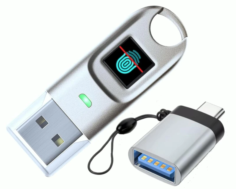 FIDO2 USB Key and ChipNet FIDO2 ID BioPass Digital Certificate. High Security Protected by Fingerprint. Spanish Company with Personal Assistance, Metallic Silver