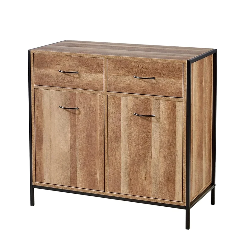 Home Source Compact Sideboard, 2 Cupboard Storage Unit, 2 Drawers, Weathered Oak Effect
